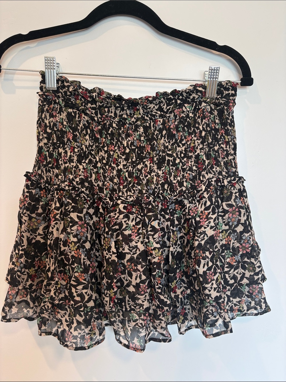 Zara Black Floral Smocked Ruffle Mini Skirt